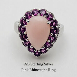 Vintage 925 Sterling Silver Pink Chalcedony-Type with Purple Rhinestones Ring